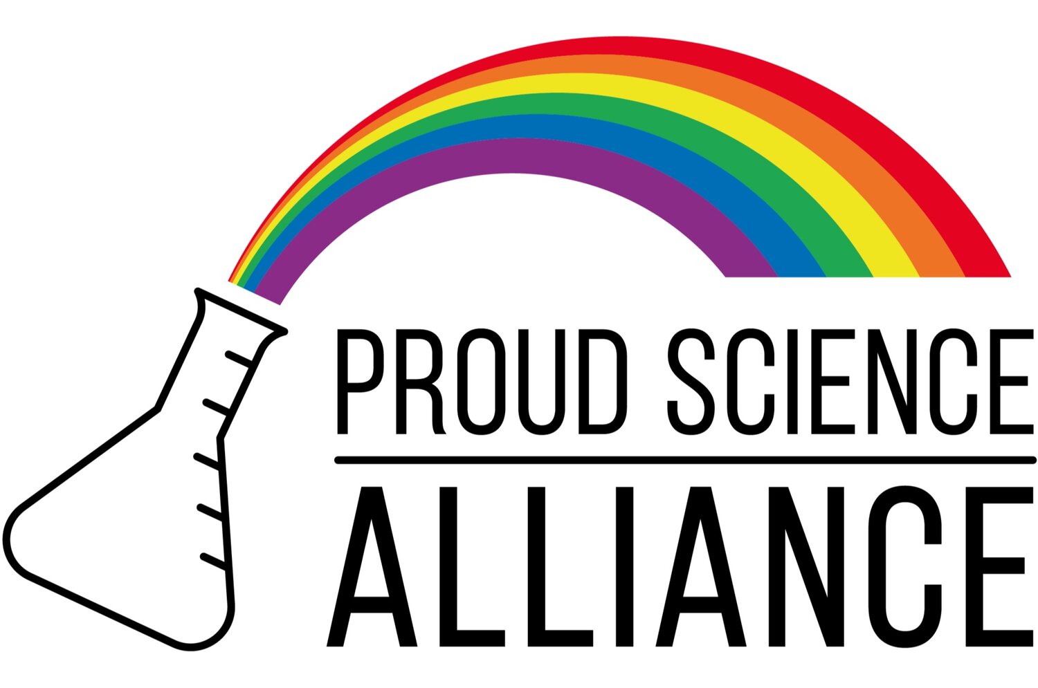 The proud Science Alliance logo. Shown is a rainbow coming out of the top of a conical flask.