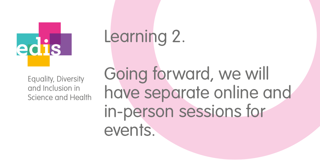 Learning 2. Going forward, we will have separate online and in-person sessions for events