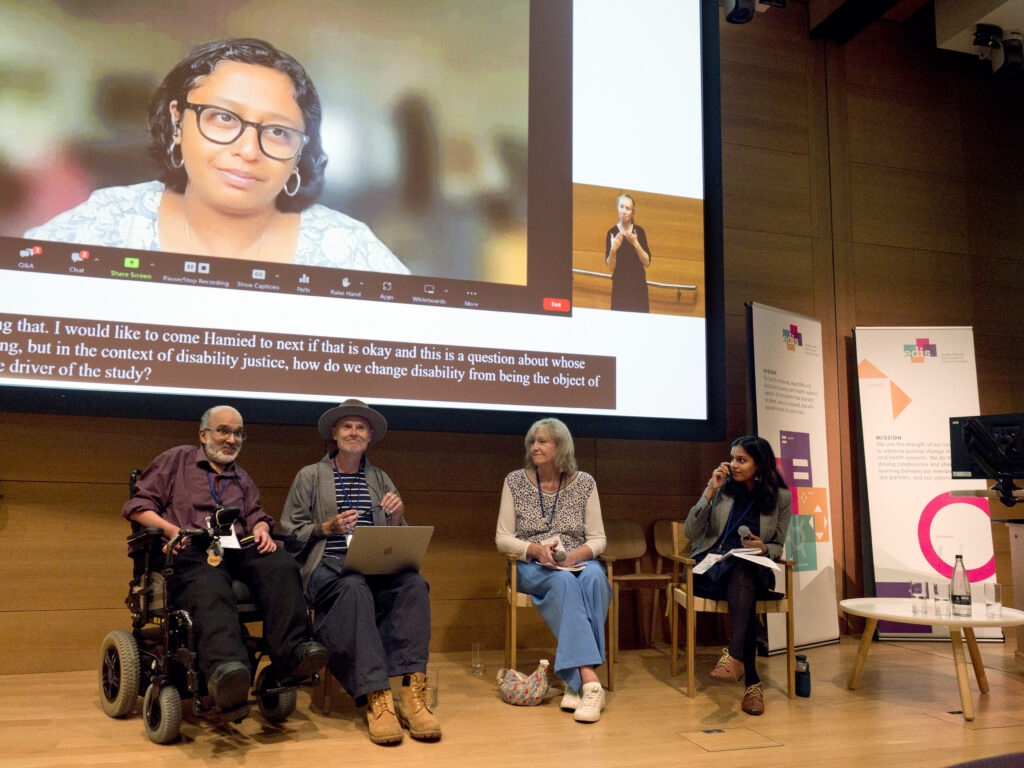 A panel discussion during the EDIS 2023 symposium with HAmied Haroon, Dan Goodley, Michelle Ross, Babitha George, and Abi Deivanayagam