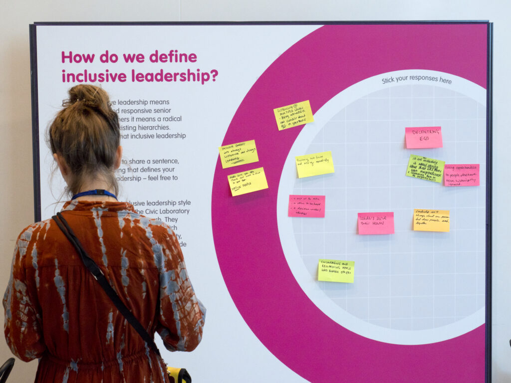 The back of a person's head looking at an interactive board that says "how do we define inclusive leadership?". There are post-it notes on the board with ideas