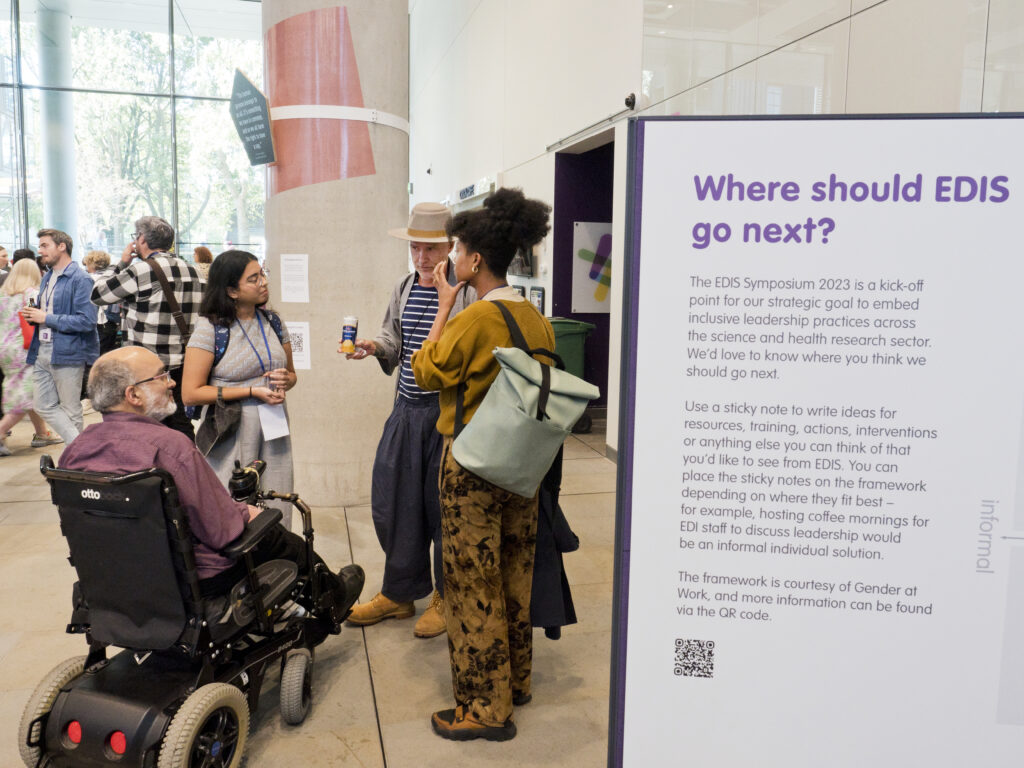 A group of people talking during the networking session of the EDIS symposium. A sign next to them read "where should EDIS go next?"